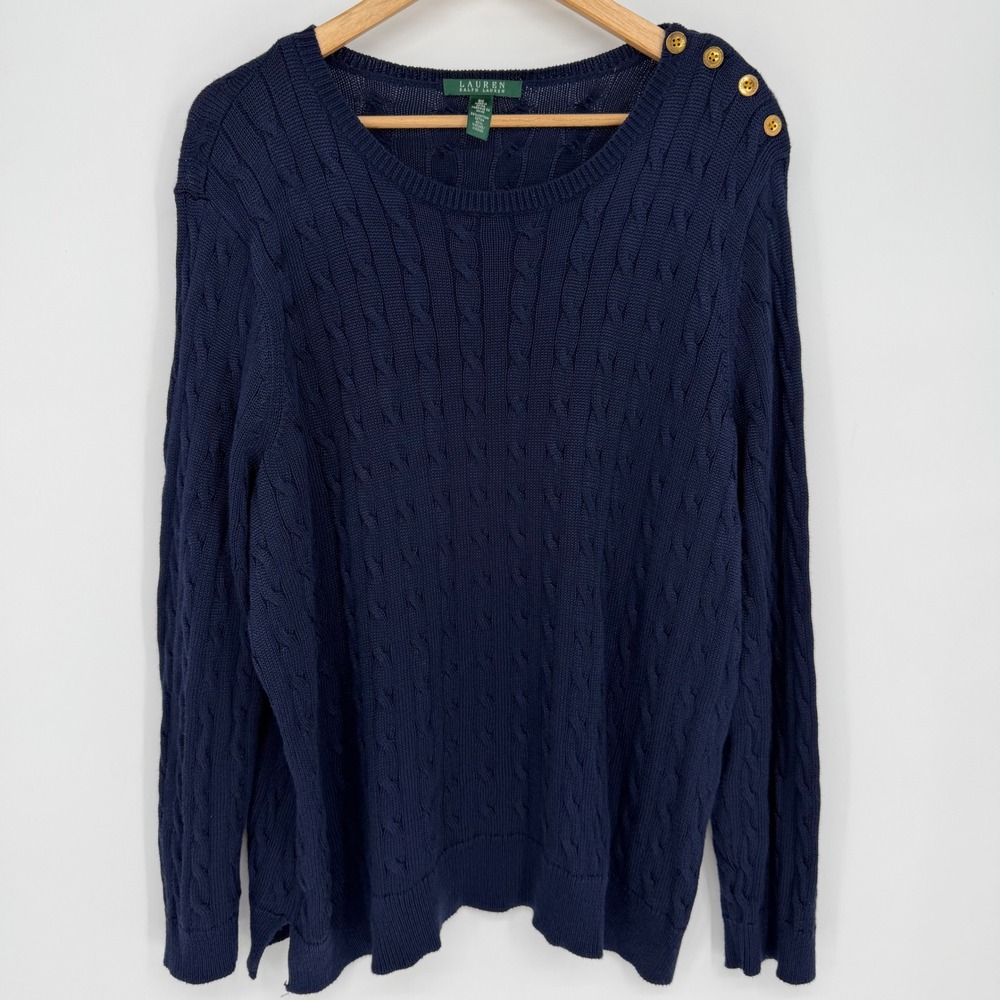 Ralph Lauren Cable Knit Sweater Navy Blue Shoulder Button Heritage Preppy 3X